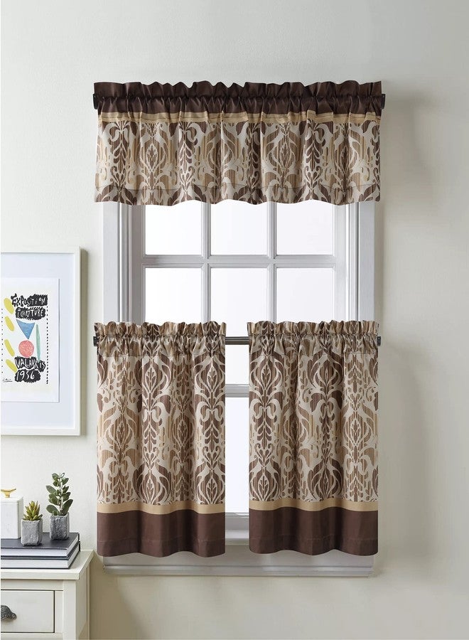 MVSUTA Sterling Farmhouse Pinted Polyester Fabric 3pcs Kitchen Curtain Set,Vintage Brown Damask Waterproof 42" W x 12" L Valance and 2pcs 21" W x 24" L Tiers - Image 1